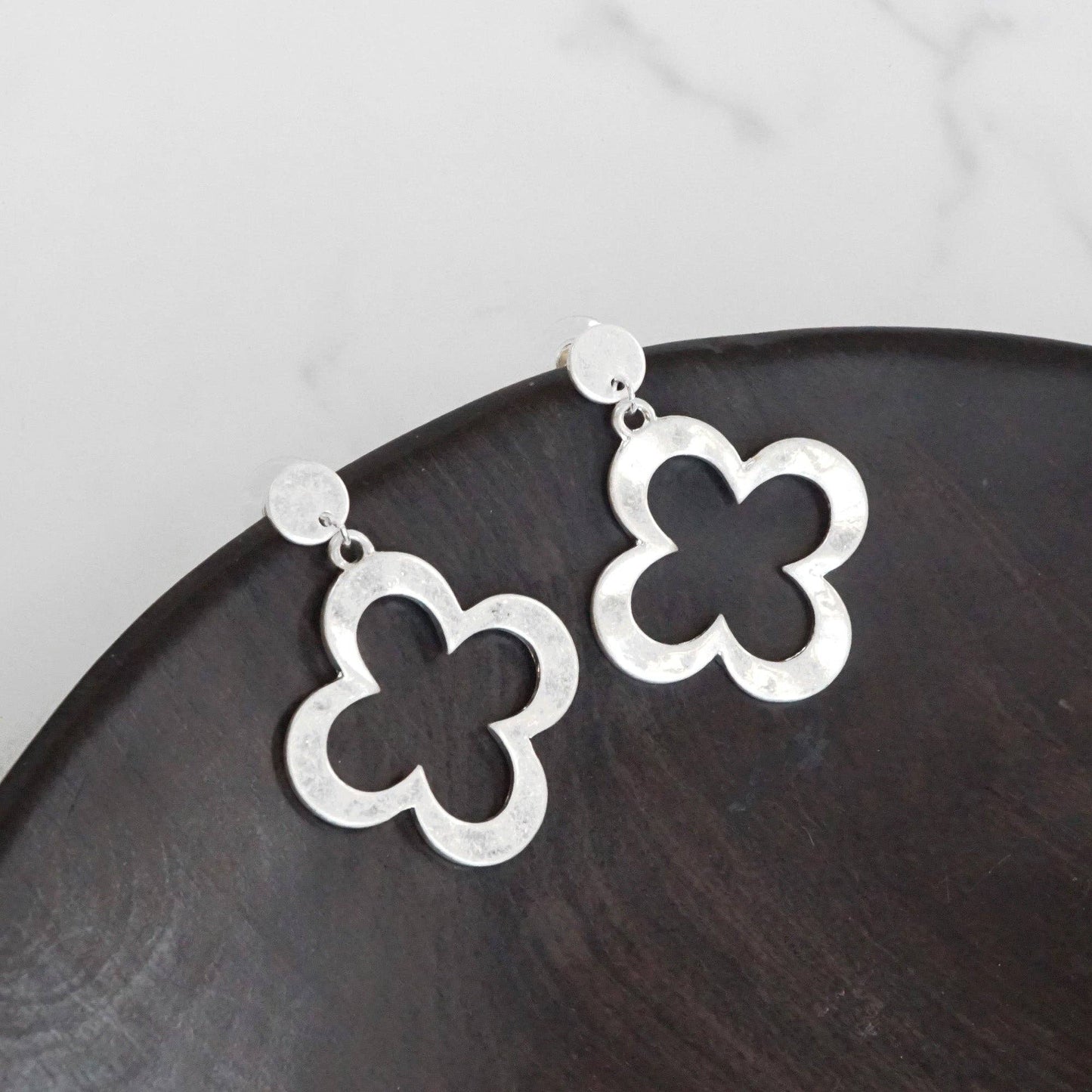 Clover Hammered Distressed Drop Earrings - Gold & Silver Tones