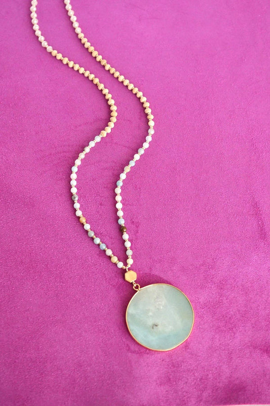 Beaded Long Necklace with Semi Precious Amazonite Stone Round Necklace