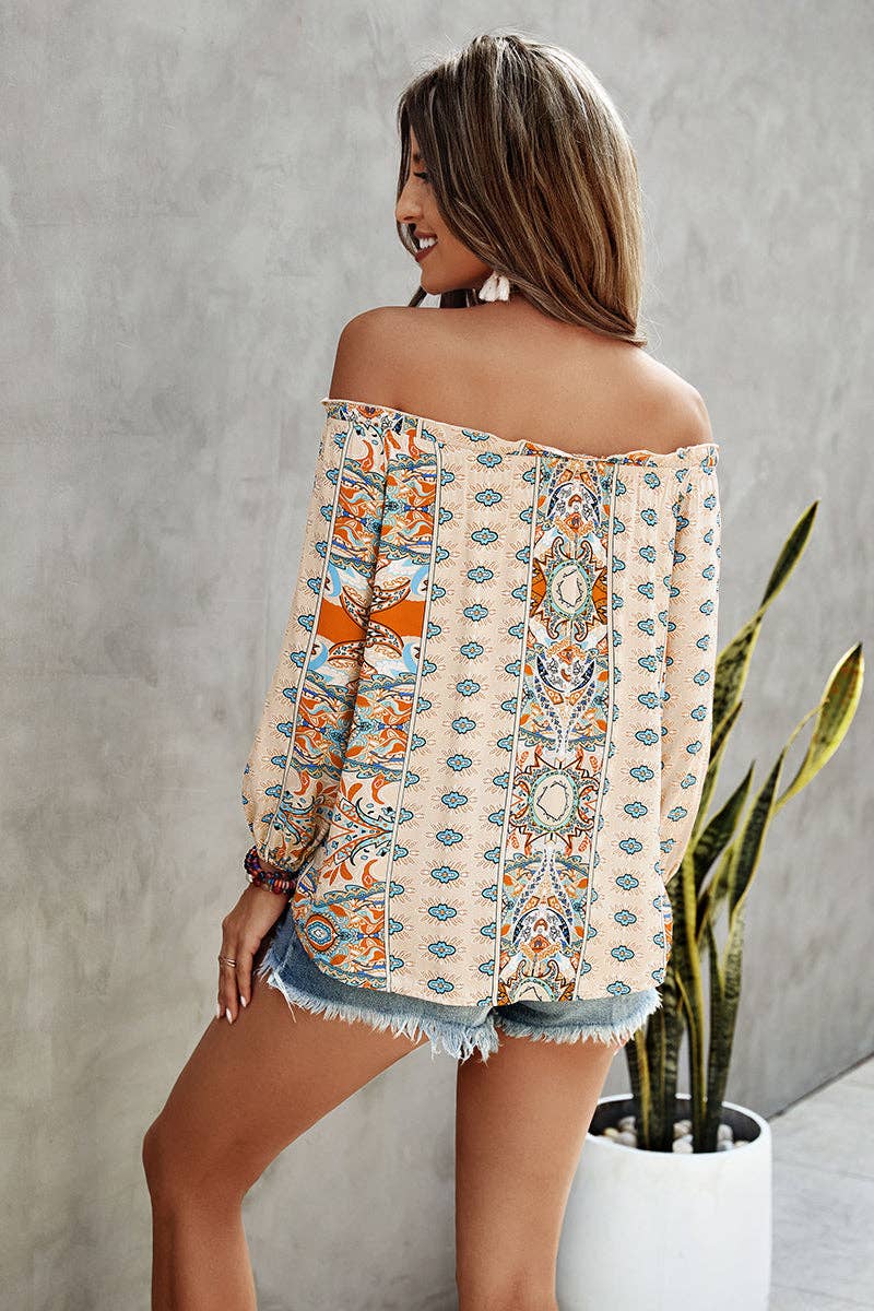 Feminine Graphic Off Shoulder Top