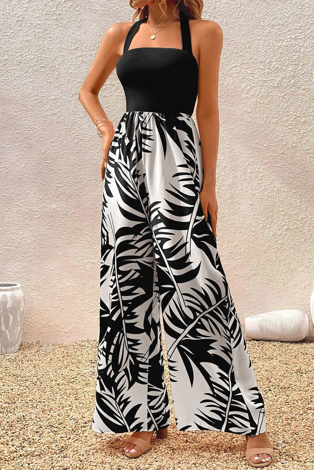 Black Halter Tropical Jumpsuit