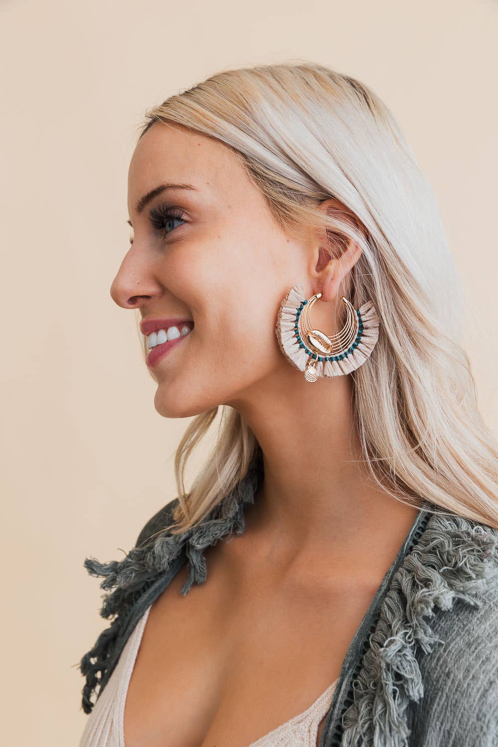 Seashell Fan Earrings - Glow Golden Raffia Hoop Earrings