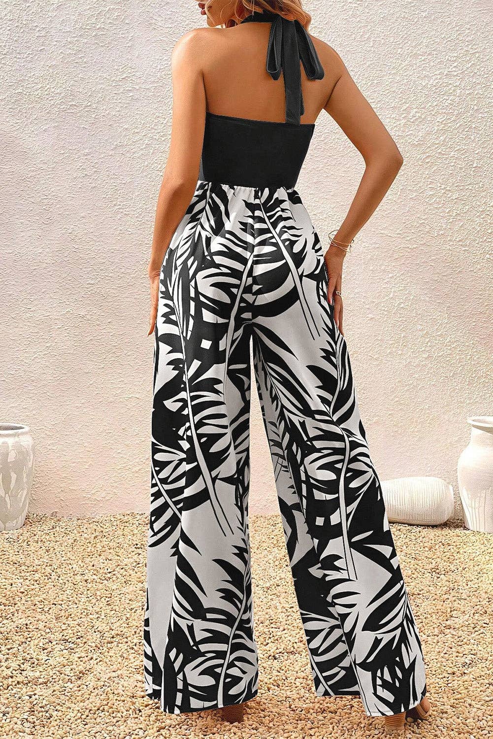 Black Halter Tropical Jumpsuit